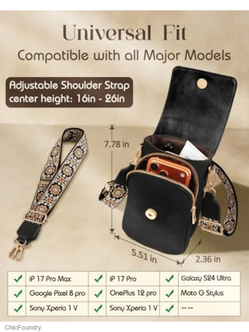 Small Vegan Leather Crossbody Phone Purse with Card Slots Guitar Strap